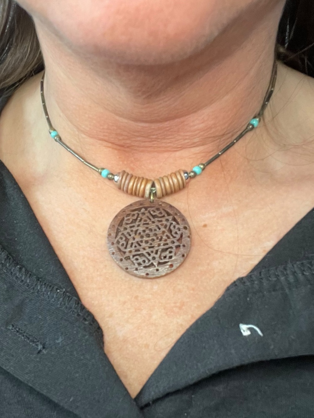 Artisan Carved Coconut Shell Pendant Turquoise Liquid Silver Necklace